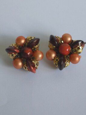 Vintage 1960s Hong Kong Orange Beaded Cluster Clip On Earrings